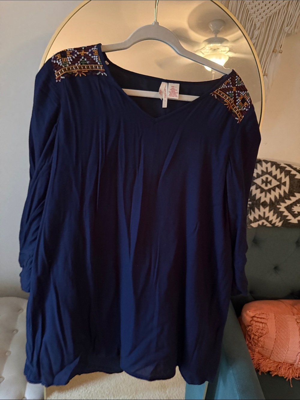 True Destiny Navy Long-Sleeve V-Neck Top with Embroidered Shoulders